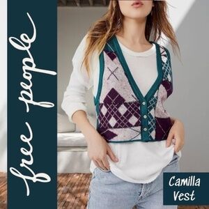 FREE PEOPLE Camilla Retro-Preppy Button-Front Deep V-Neck Knitted Vest/LG NWT